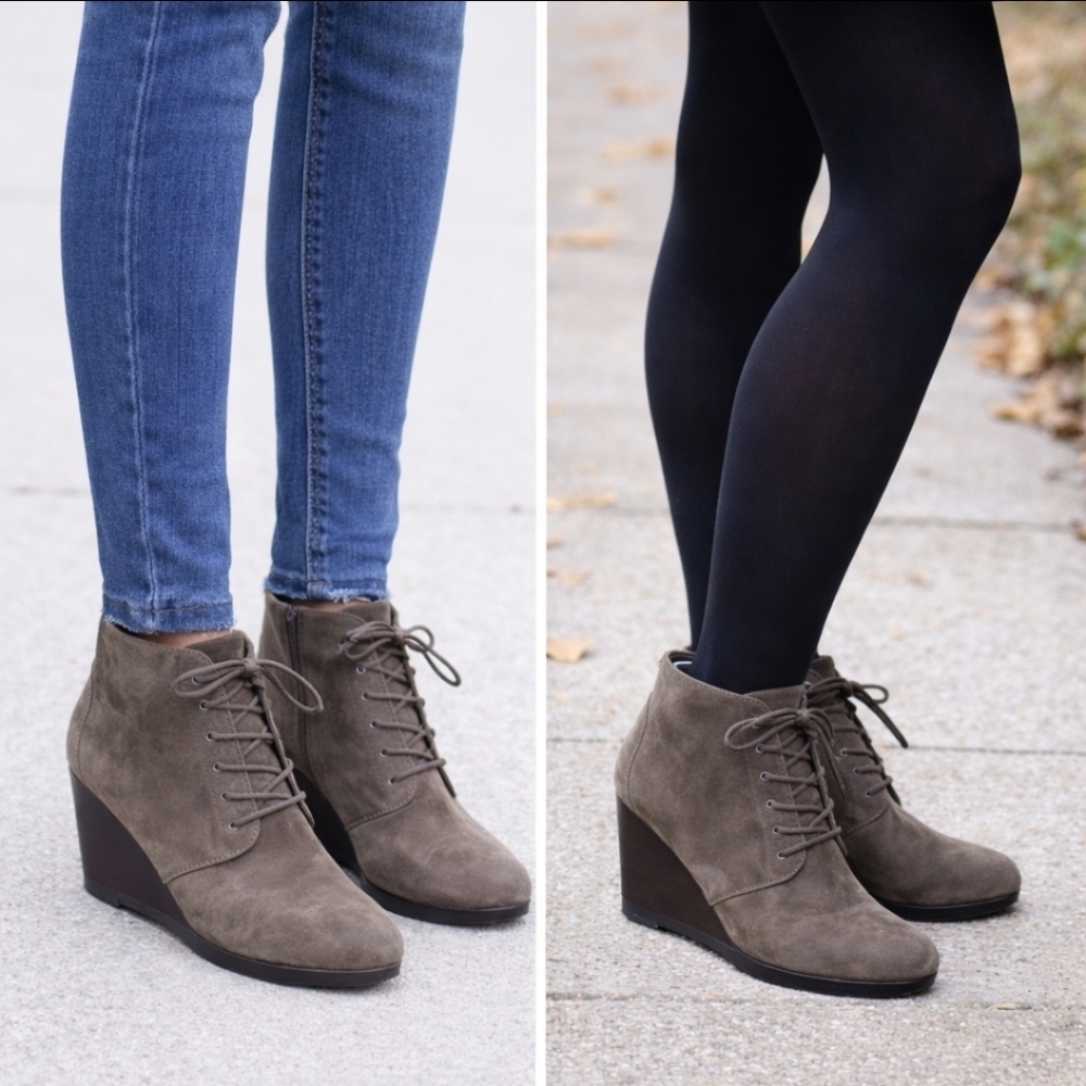 Franco Sarto Weston Wood Wedge Suede Bootie Taupe